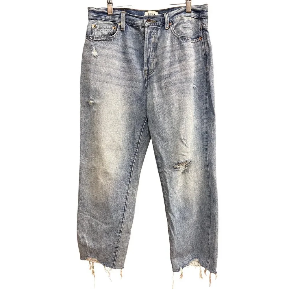 Pistola Distressed High-Rise Straight-Leg Jeans Size 30 Light Wash Frayed Hem - Picture 1 of 8